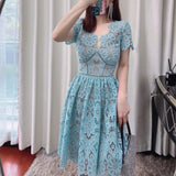 Women Exotic Dresses Summer Blue V-neck Hollow Lace Dress