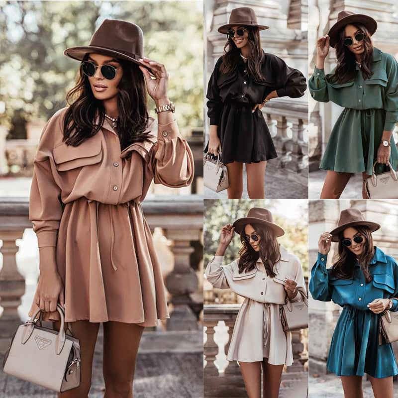 Work Dresses with Pockets Suit Collar Pocket Long Sleeve Casual Dress Short Skirt