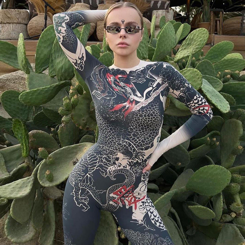 Autumn Retro Chinese Style Printed High Waist Tight Sports Jumpsuit