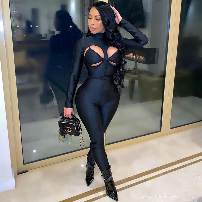 Women's Spring Clothing Solid Color Sexy Cutout Hip Lifting Sport Jumpsuit