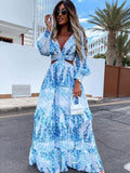 Women Exotic Dresses Printed V-neck Long-Sleeve Dress