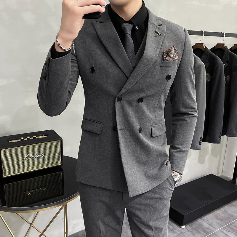 Seersucker Suit Business Wear Double Breasted Suit Three-Piece Suit