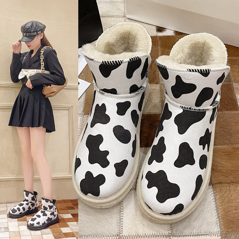 Cow Print Hey Dude Shoes Snow Boots for Women Winter Cow Fleece-Lined Warm Slugged Bottom Cotton-Padded Shoes for Women