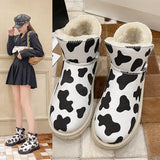 Cow Print Hey Dude Shoes Snow Boots for Women Winter Cow Fleece-Lined Warm Slugged Bottom Cotton-Padded Shoes for Women