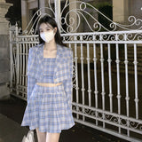 Gothic Lolita Harajuku Style Clothing Early Autumn Plaid Coat Short Suit Top Vest Pleated Skirt Suit