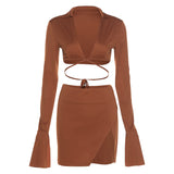 Women Top & Skirt 2 Piece Set Autumn and Winter Long Sleeve Cardigan Sexy Slit Sheath Skirt Suit