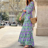 Women Bohemian Dress Women's Summer Long-Sleeve V-neck Dress
