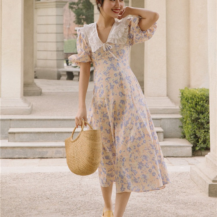 Women Cottagecore Dress Summer Vintage Skirt Dress Puff Sleeve Mid-Length Skirt