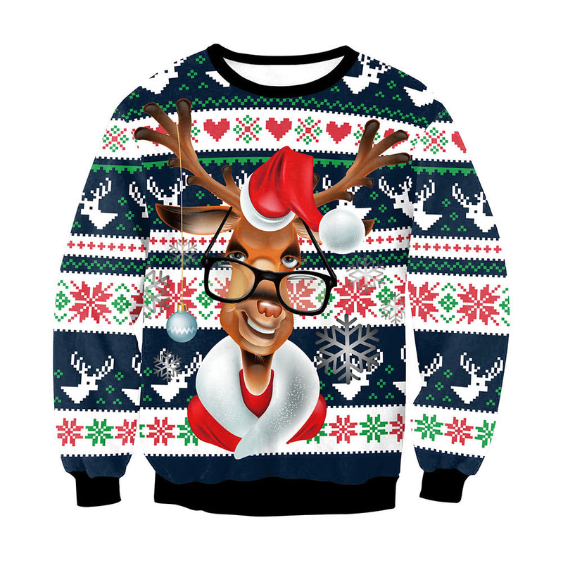 Ugly Christmas Sweater Autumn Deer Print round Neck Long Sleeve Sweater Couple Wear