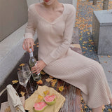 Fairy Dress Knitted Dress for Women Autumn and Winter French Style Retro Minority V-neck Knot Inner Wearing Long Style Fairy Skirt