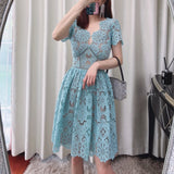 Women Exotic Dresses Summer Blue V-neck Hollow Lace Dress