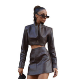 Women Top & Skirt 2 Piece Set Winter Lapel Single Breasted Coat Sheath Pu Skirt Casual Suit