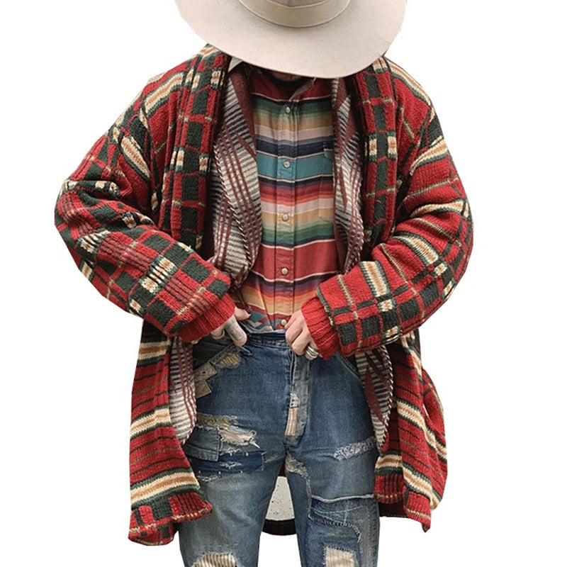 John Dutton Jacket Plaid Knitted Cardigan Long Loose-Fitting Oversized Sweater Coat