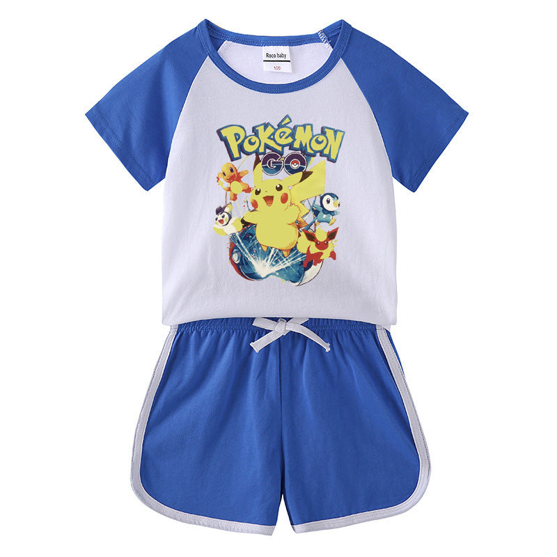 Children Pokemon Pikachu Tshirts & Shorts Short-Sleeved T-shirt Shorts Casual Sports Two-Piece Neutral