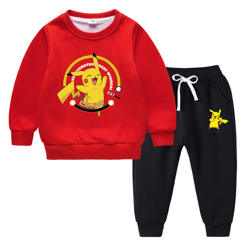 Children Pokemon Pikachu Hoodie & Pant Set Fleece Lined Padded Warm Keeping Winter Clothes Sweatershirt Suit