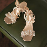 Nude Wide Fit Block Heels Bowknot High Heel Sandals