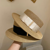 Straw Hat Flat Top Women's Straw Hat Beach Hat British Style Top Hat
