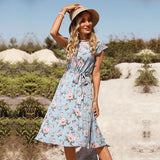 Women Exotic Dresses Summer Blue Flower Print Holiday Dress