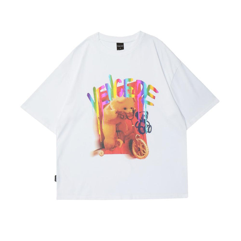 Men T Shirt Summer Casual Tops Cartoon Bear Printed Short Sleeve T-shirt Men's round Neck Half Sleeve Street Fashion Loose Half-Sleeved T-shirt