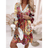 Women Exotic Dresses V-neck Printed Lace Dress