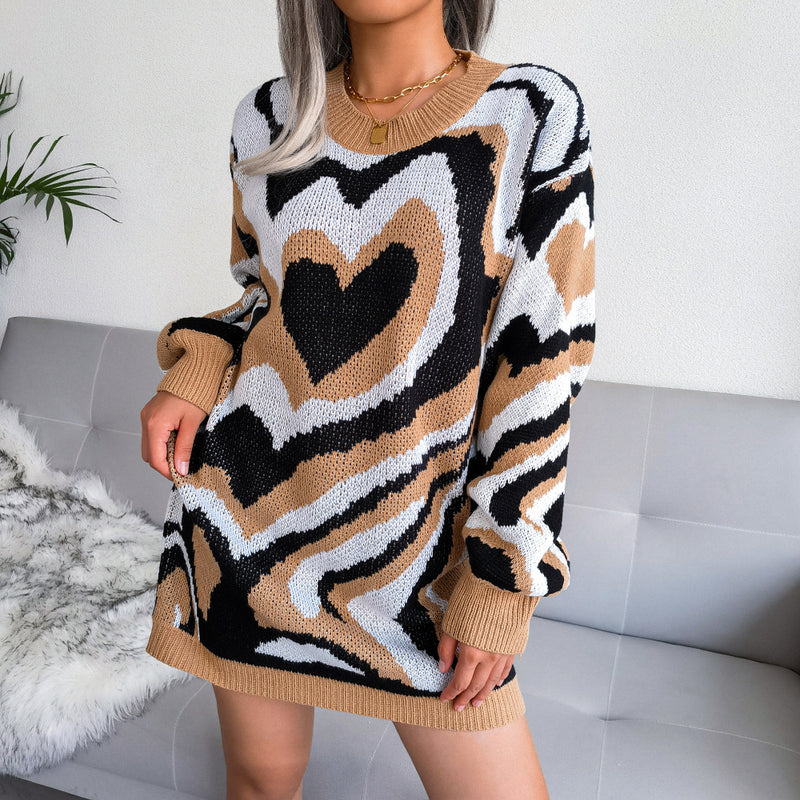 Sweater Dress Outfit With Tights 2 Piece Se Autumn and Winter Contrast Color Love Woolen Skirt Knitted Dress