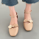 Nude Pumps Block Heel Bowknot Mary Jane Leather Shoes