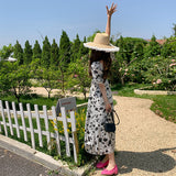 Black and White Dress Summer French Square Collar Rose Print Long Dress