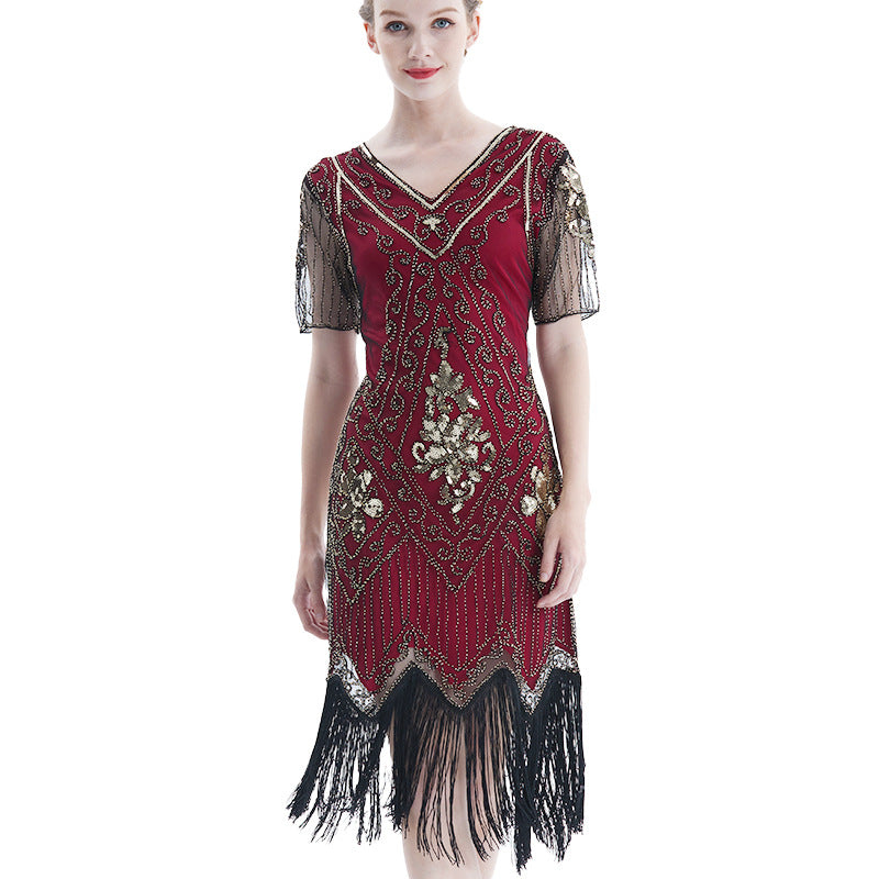 The Great Gatsby Dresses Embroidered Beaded Sequin Dress Dress V-neck Short Sleeve Dress