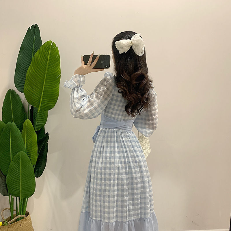 Fairy Dress Fairy Skirt Spring French Retro Bubble Long Sleeve Lace-up Ruffled Plaid Dress Midi Princess Dress