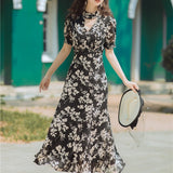 Women cottagecore Dress Summer French Vintage Dress V-neck Floral Black Dress Skirt