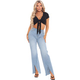 Women Plus Size Jeans High Waist Slim Fit Slit Bell-Bottom Pants