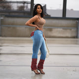 Women Plus Size Jeans Plaid Stitching Pants