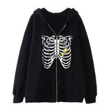 Skeleton Hoodie Winter Fleece Women's Long Sleeve Hoodie Heart-Shaped Clothes Printed Zipper