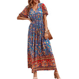 Beth Dutton Bohemian Dress Summer Spring Midi Dresses V-neck Waist Trimming Printing Vacation Beach Dress