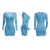 Spring and Summer Deep V-neck Slim-Fit Sexy Long-Sleeved Short Skirt Dress