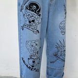 Anime Print Jeans Denim Pants for men Printed Loose Straight Casual Jeans