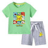 Children Pokemon Pikachu Tshirts & Shorts round Neck Half Sleeve T-shirt Suit Cotton Two-Piece Suit