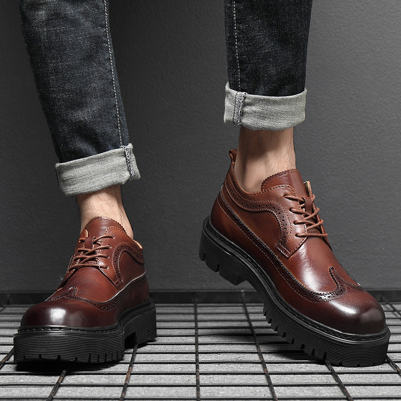 Indo Western Shoes Autumn Men's Leather Shoes Cowhide Platform Height Increasing British Style Casual Brogue Business Men's Shoes