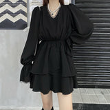 Gothic Lolita Harajuku Style Clothing Autumn Dark Lace V-neck Patchwork Dress