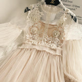 Fairy Dress Stand-Collar Gauze Three-Dimensional Women's High Waist Hollow-out Dress Lantern Lace