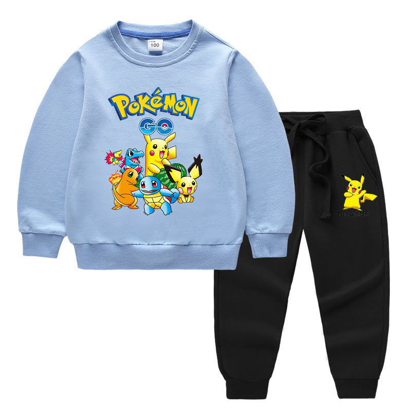Children Pokemon Pikachu Hoodie & Pant Set Two-Piece Solid Color Cotton Sweater Set