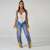 Women Plus Size Jeans High Waist Slim Fit Multicolored Tassel Denim Skinny Pants