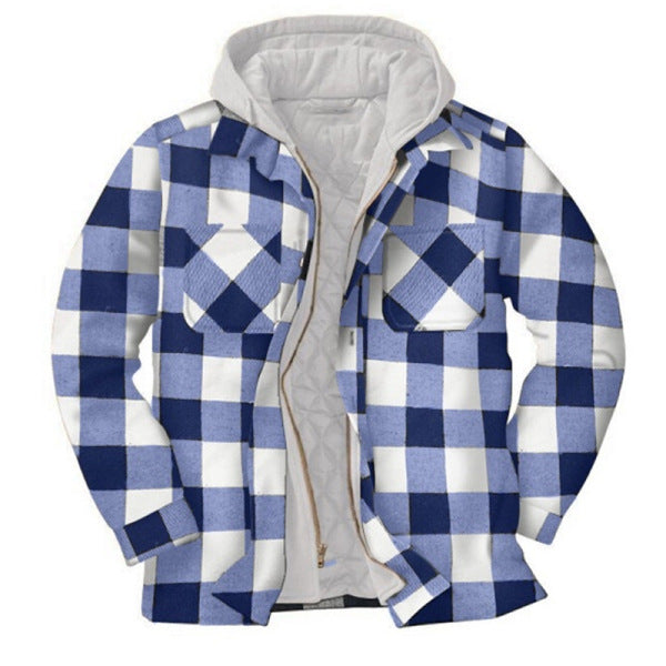Mens Flannel Jacket with Hoodie Ordinary Casual Hooded Long Sleeve Zipper Plaid Jacket