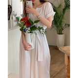 Fairy Dress Summer T Solid Color High Waist Slimming round Neck Midi Dress