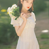 Women Cottagecore Dress French Style Puff Sleeve Waist-Tight Summer Snow Dress