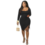 Autumn and Winter Multi-Color Long Sleeve Single Side Pleating Fashion Slim Dress