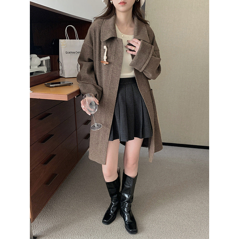 Beth Dutton Outfits Horn Button Knitted Woolen Coat Women's Thickened Winter Loose Mid-Length Coat