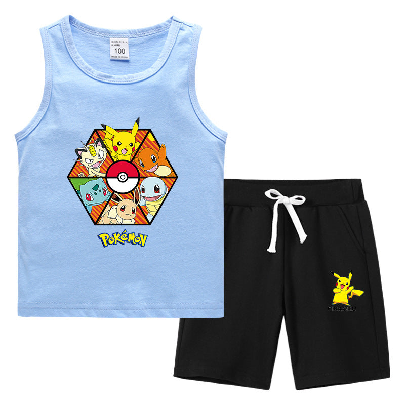 Children Pokemon Pikachu Tshirts & Shorts Summer Vest Middle Pants Sports Casual Thin Two Pieces