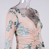 Women Summer Dresses Midi Dress Sexy V-neck Long Sleeve Printed Dress