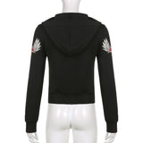 Black Rose Hoodie Rose Wings Printing Contrast Color Long Sleeves Hooded Zipper Sweatshirt